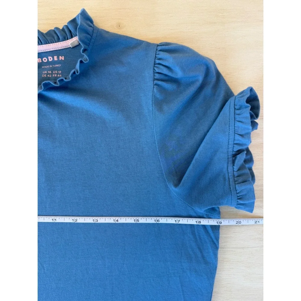 Boden Blue Ruffle Neck Puff Sleeve Keyhole Back Top Womens Size 12 US - M